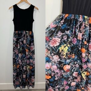 Trulli Black Floral Sleeveless Chiffon Stretch Lined Maxi Dress (S)